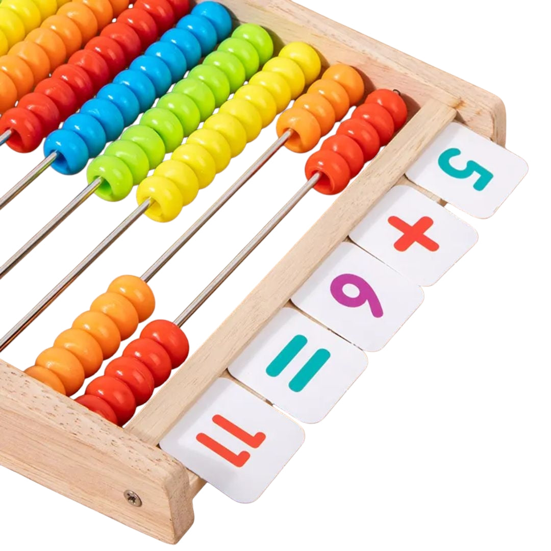 Boost Early Math Skills with Classic Wooden Abacus - 100 Beads Montessori Toy for Preschool Learning. The image displays a traditional wooden abacus with ten rows of ten beads each, in a rainbow of colors. Above the beads, there are three wooden squares displaying the numbers ‘1’ and ‘2’ separated by a plus sign, and an equal sign followed by the number ‘3’, illustrating a basic addition problem.
