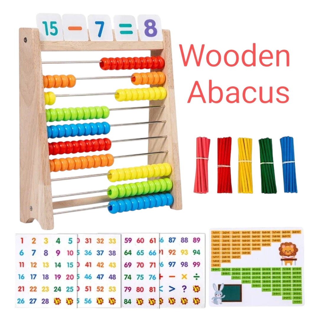 Boost Early Math Skills with Classic Wooden Abacus - 100 Beads Montessori Toy for Preschool Learning. The image displays a traditional wooden abacus with ten rows of ten beads each, in a rainbow of colors. Above the beads, there are three wooden squares displaying the numbers ‘1’ and ‘2’ separated by a plus sign, and an equal sign followed by the number ‘3’, illustrating a basic addition problem.