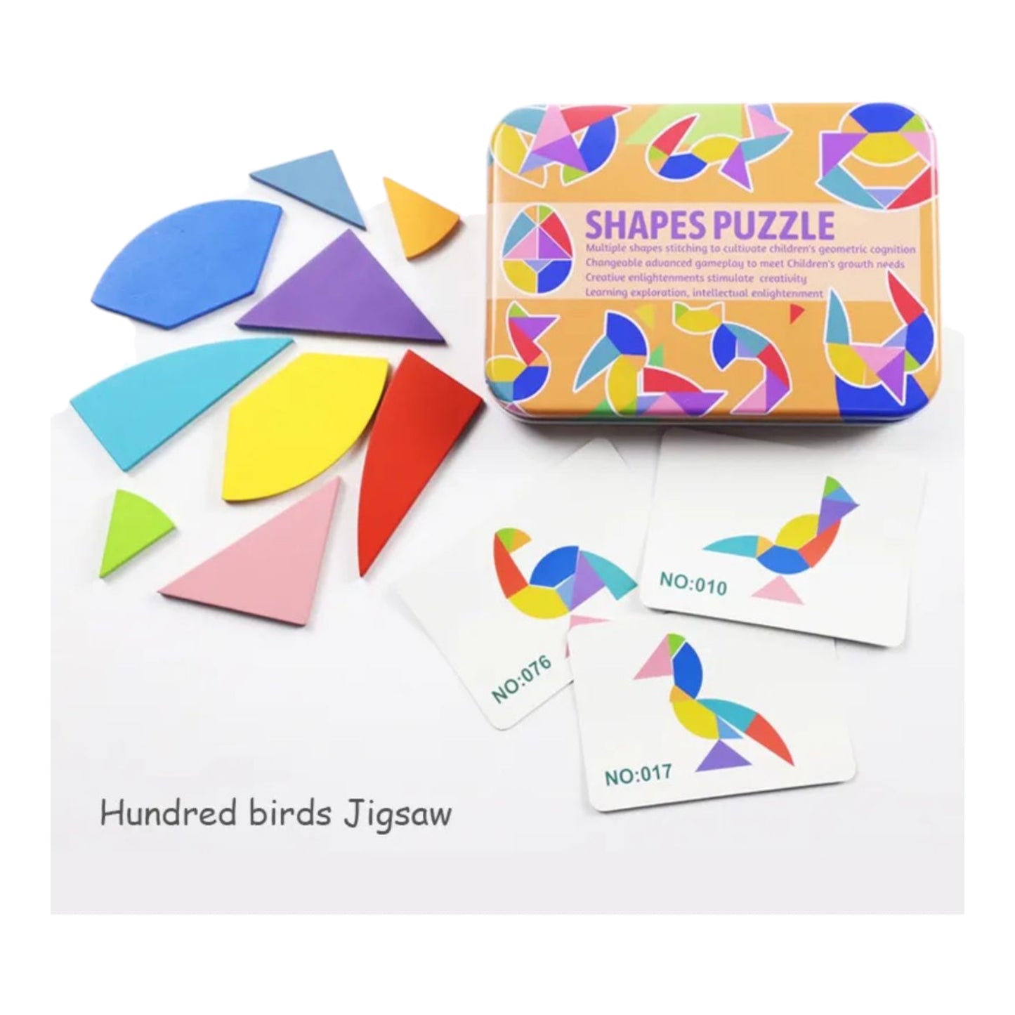 Colorful Montessori magnetic puzzle set for kids, featuring 3D wooden tangram pieces in a creative iron box - Perfect for educational and playful activities in kindergarten.