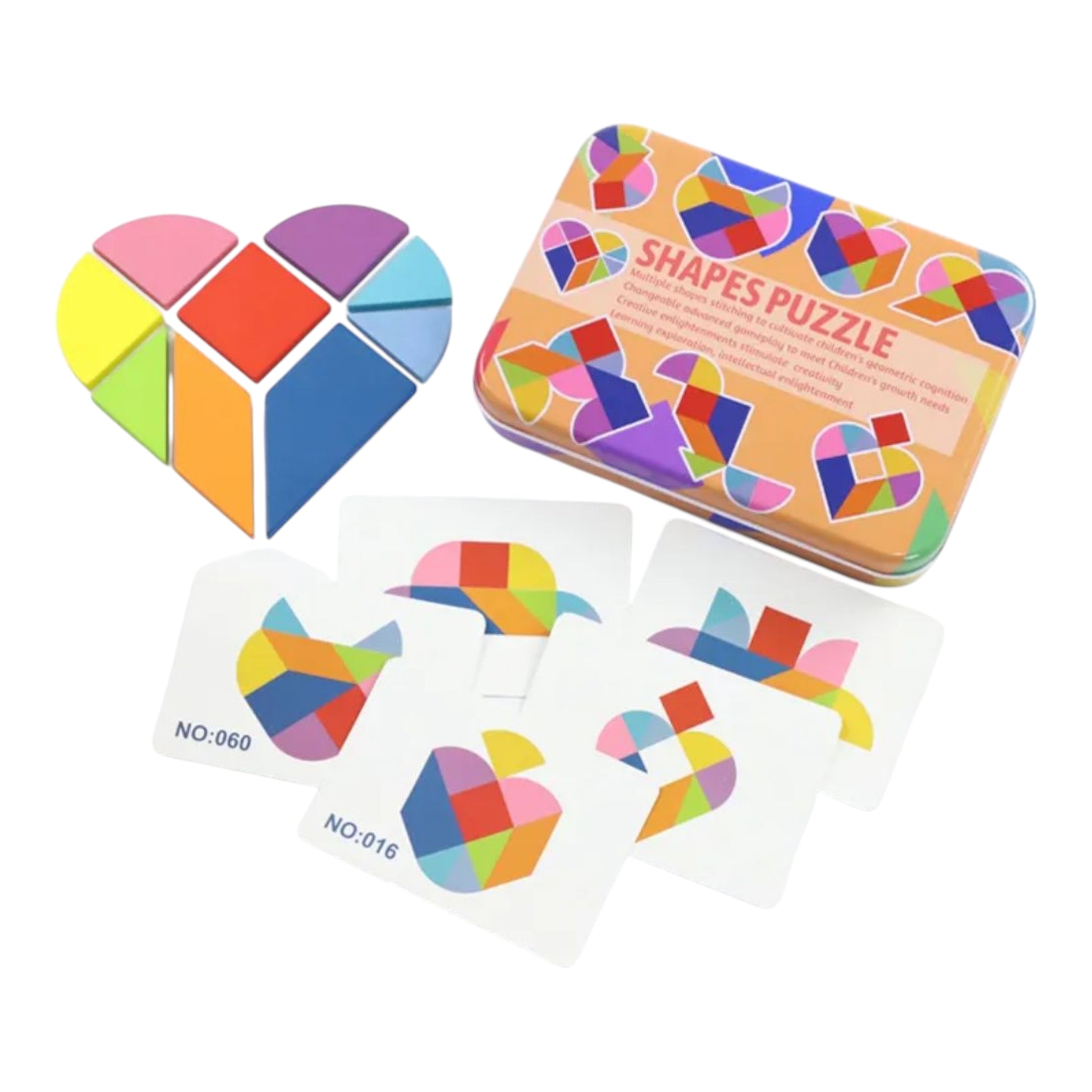Colorful Montessori magnetic puzzle set for kids, featuring 3D wooden tangram pieces in a creative iron box - Perfect for educational and playful activities in kindergarten.