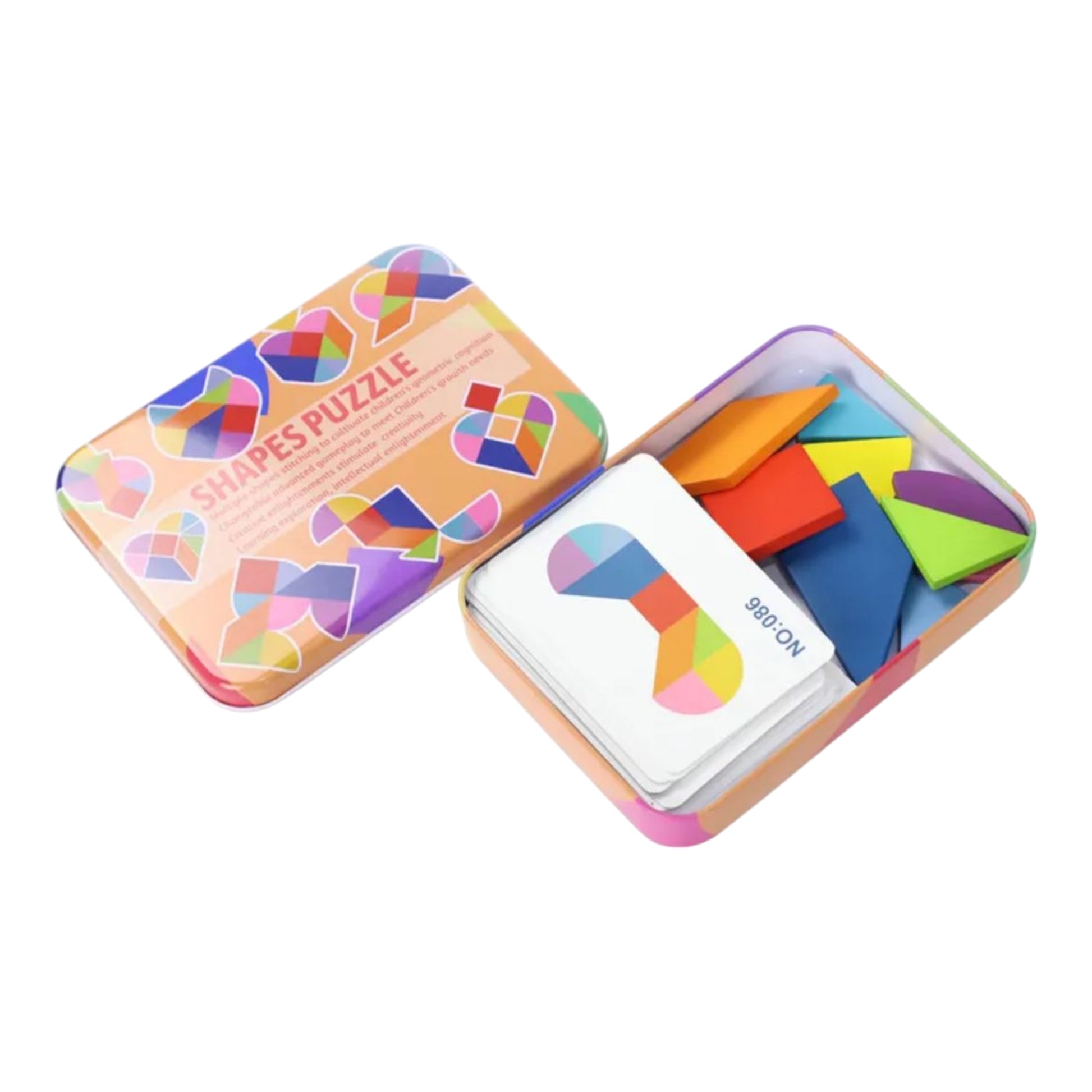 Colorful Montessori magnetic puzzle set for kids, featuring 3D wooden tangram pieces in a creative iron box - Perfect for educational and playful activities in kindergarten.