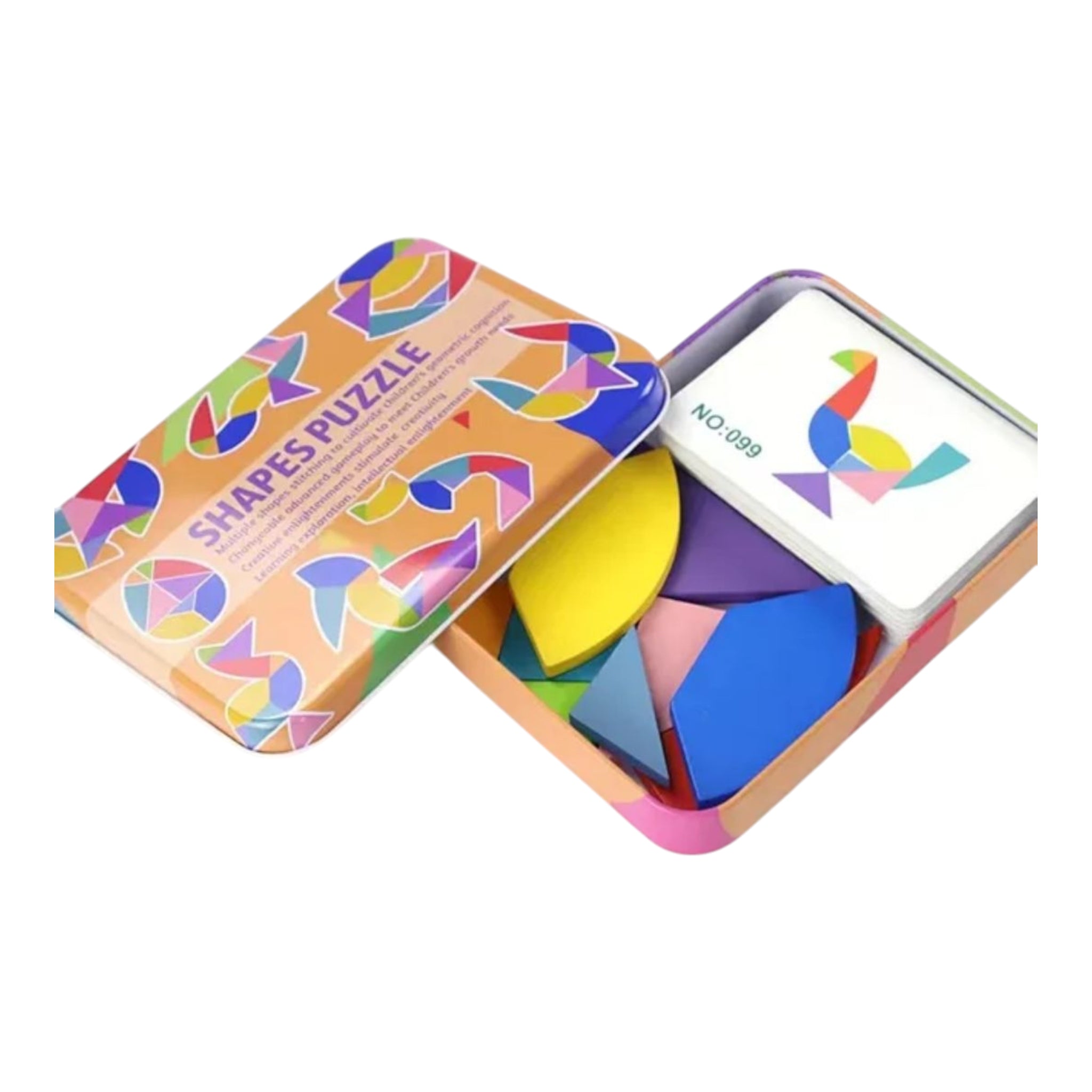 Colorful Montessori magnetic puzzle set for kids, featuring 3D wooden tangram pieces in a creative iron box - Perfect for educational and playful activities in kindergarten.