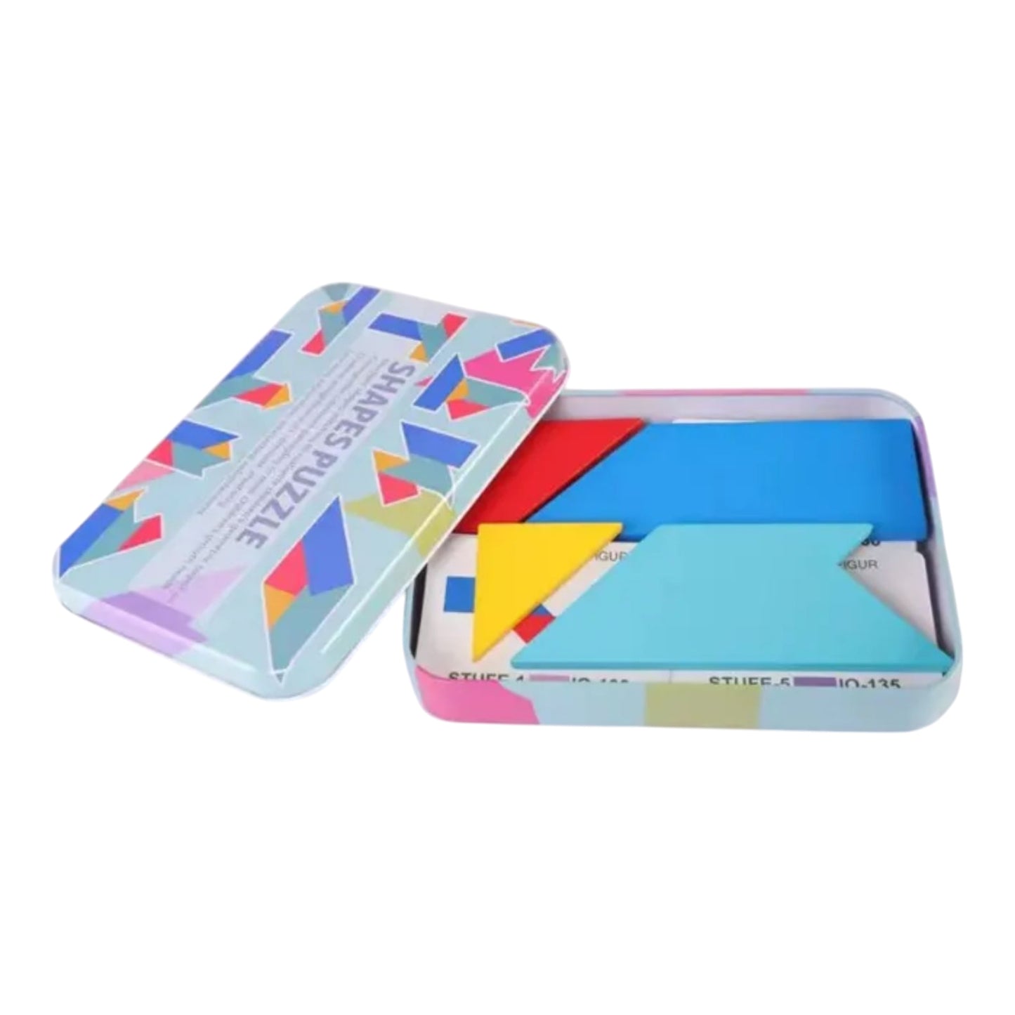 Colorful Montessori magnetic puzzle set for kids, featuring 3D wooden tangram pieces in a creative iron box - Perfect for educational and playful activities in kindergarten.