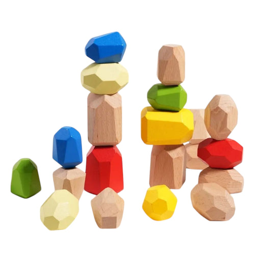 Four stacks of colorful, faceted wooden blocks designed for kids, featuring a variety of shapes and bright colors like orange, turquoise, purple, and red. Perfect for imaginative play and developing motor skills.