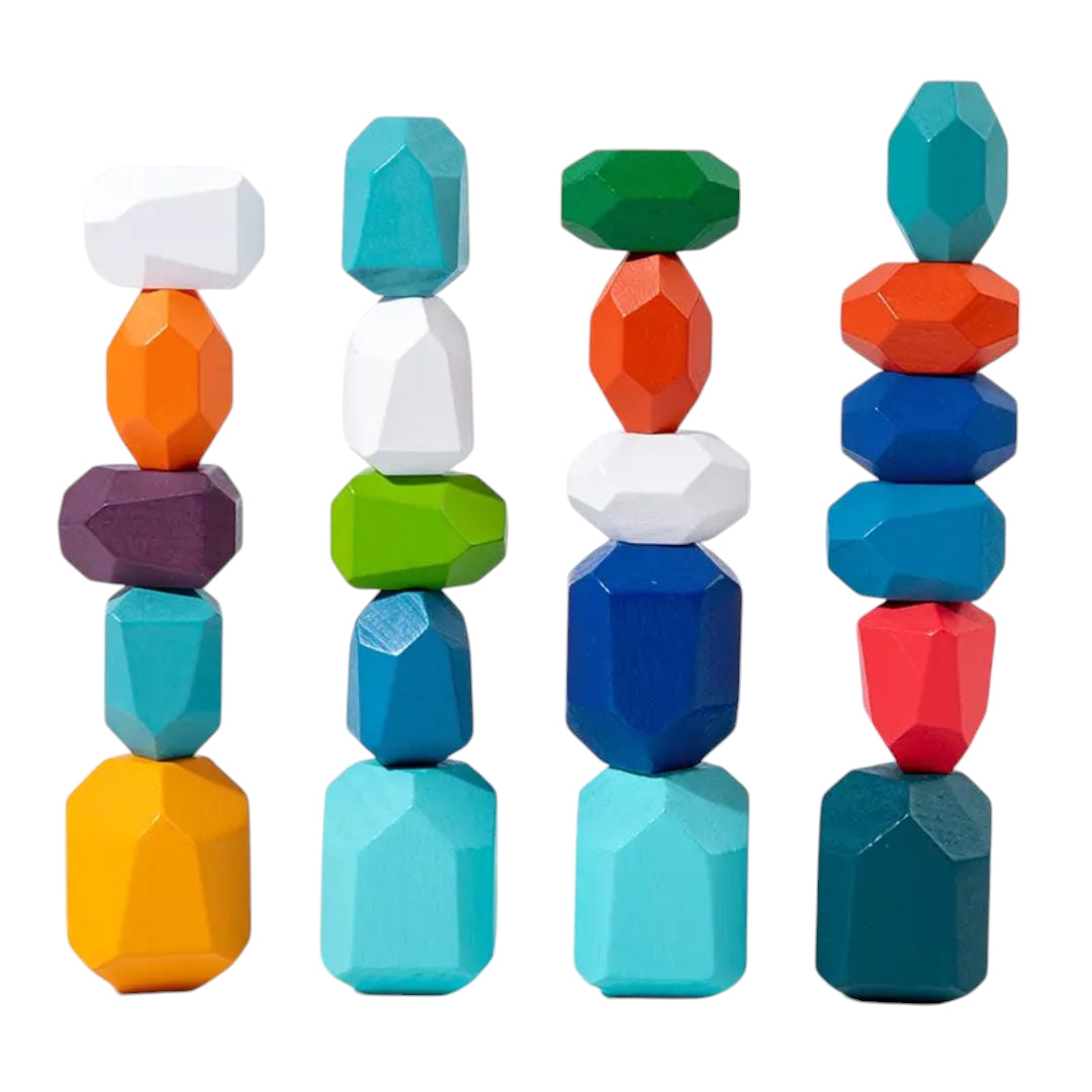 Four stacks of colorful, faceted wooden blocks designed for kids, featuring a variety of shapes and bright colors like orange, turquoise, purple, and red. Perfect for imaginative play and developing motor skills.