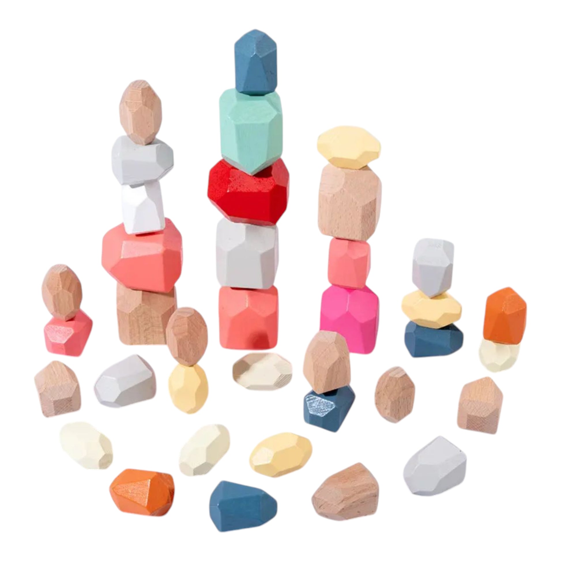 Four stacks of colorful, faceted wooden blocks designed for kids, featuring a variety of shapes and bright colors like orange, turquoise, purple, and red. Perfect for imaginative play and developing motor skills.
