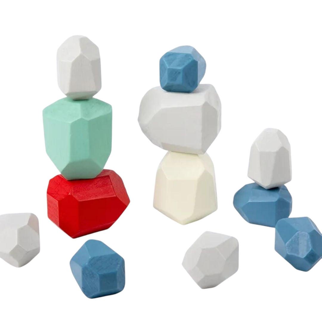 Four stacks of colorful, faceted wooden blocks designed for kids, featuring a variety of shapes and bright colors like orange, turquoise, purple, and red. Perfect for imaginative play and developing motor skills.