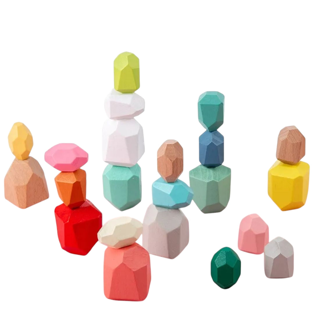 Four stacks of colorful, faceted wooden blocks designed for kids, featuring a variety of shapes and bright colors like orange, turquoise, purple, and red. Perfect for imaginative play and developing motor skills.