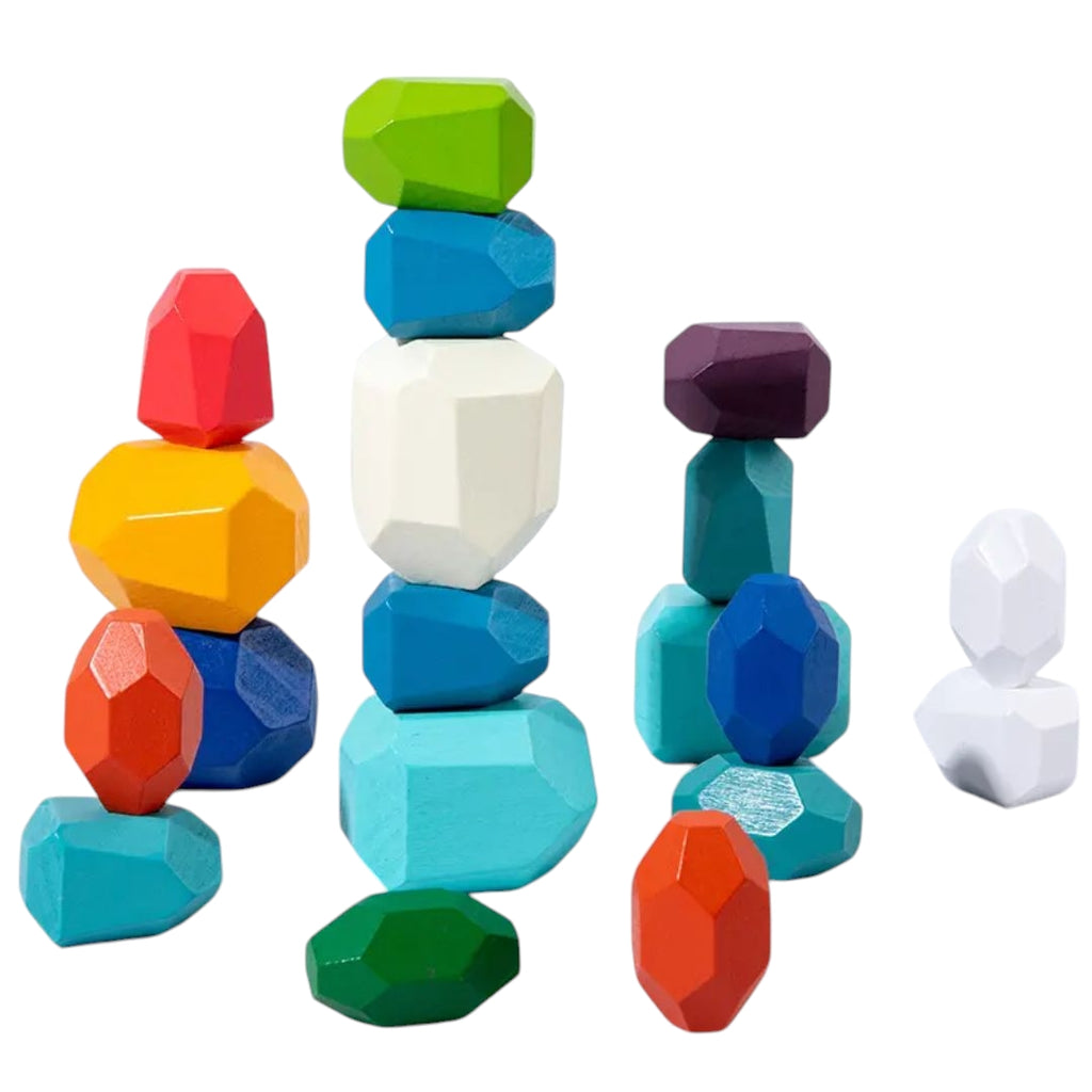 Four stacks of colorful, faceted wooden blocks designed for kids, featuring a variety of shapes and bright colors like orange, turquoise, purple, and red. Perfect for imaginative play and developing motor skills.