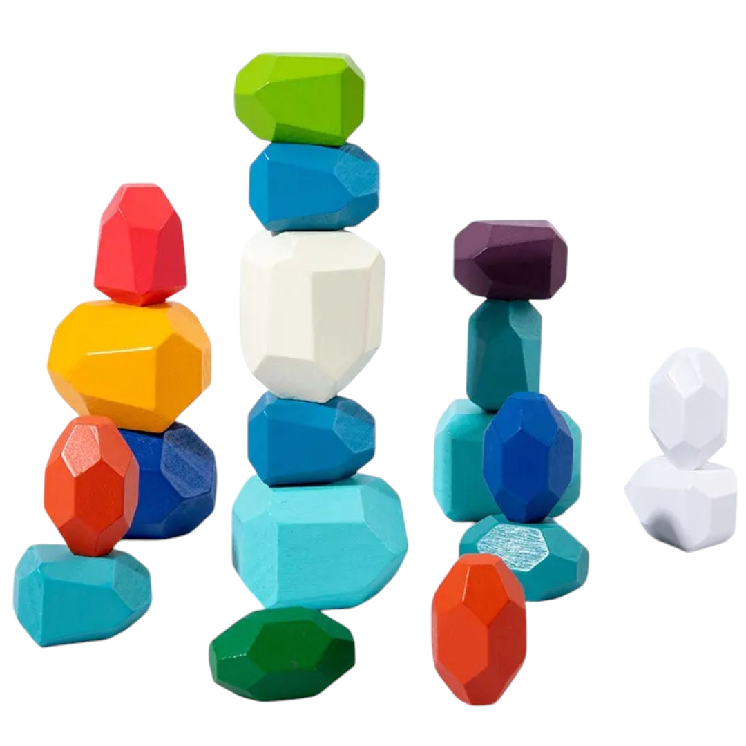 Four stacks of colorful, faceted wooden blocks designed for kids, featuring a variety of shapes and bright colors like orange, turquoise, purple, and red. Perfect for imaginative play and developing motor skills.