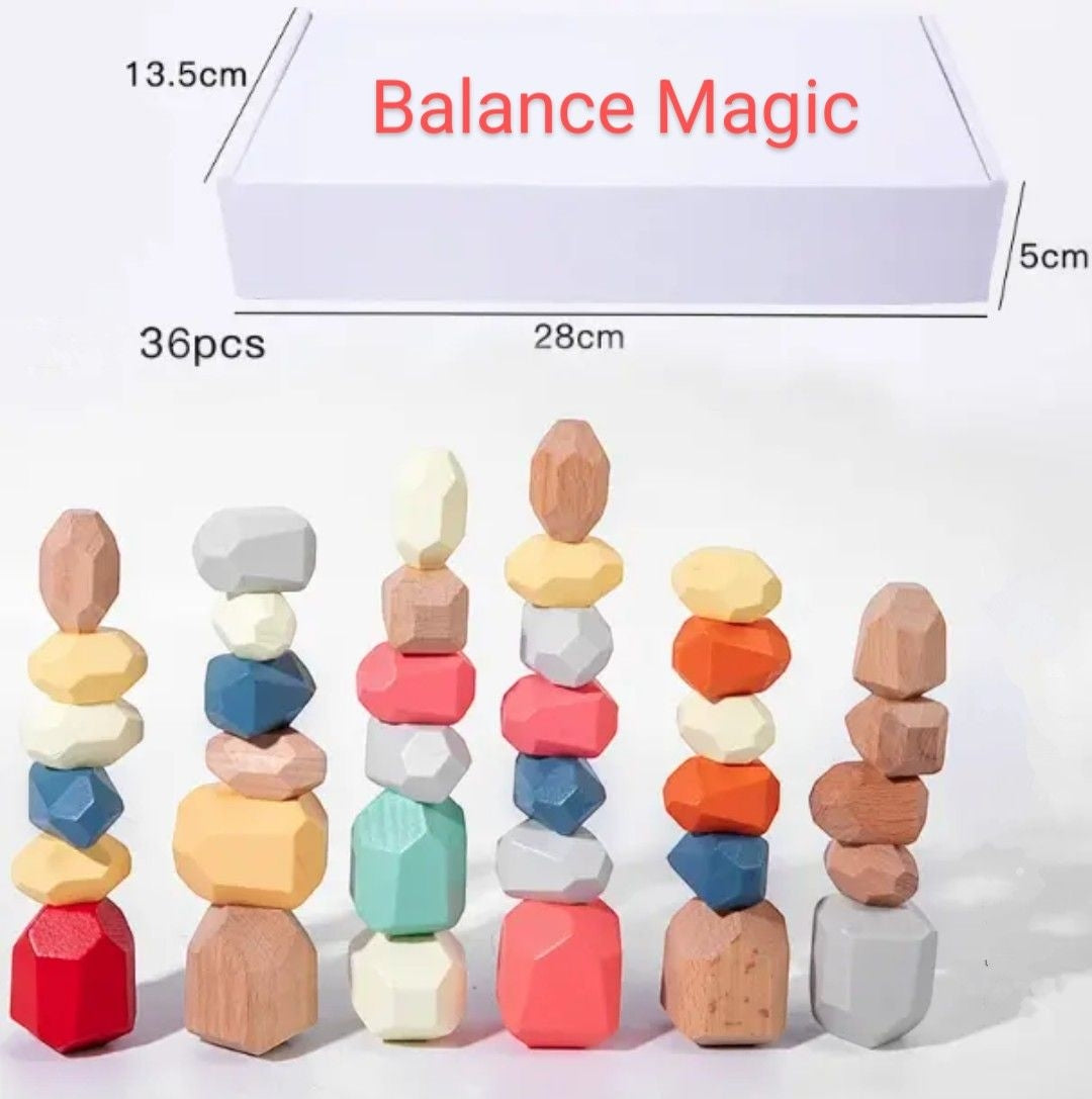 Four stacks of colorful, faceted wooden blocks designed for kids, featuring a variety of shapes and bright colors like orange, turquoise, purple, and red. Perfect for imaginative play and developing motor skills.