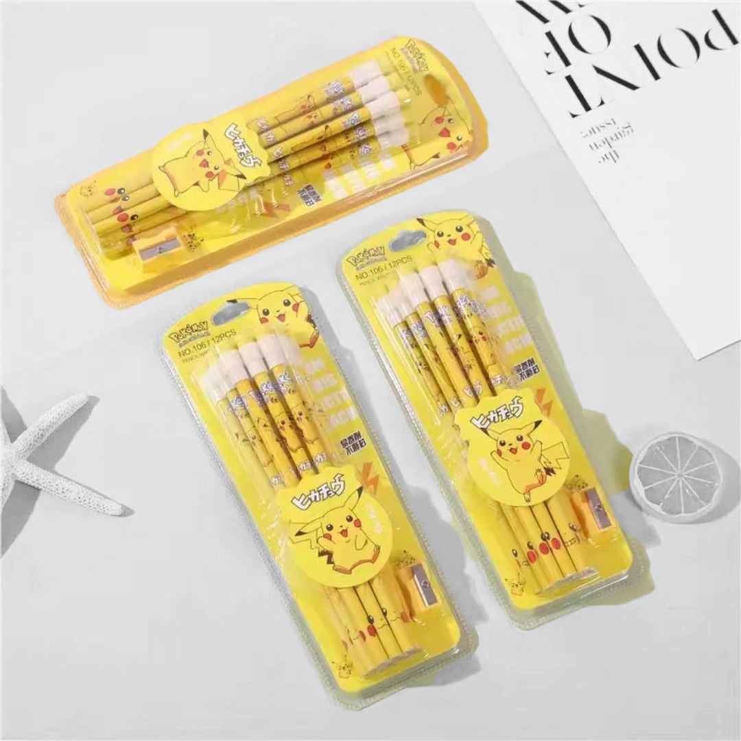 A vibrant kids' stationery set featuring 3 sets of Pikachu-themed pencils, with 12 pieces in each set. The packaging is colorful, showcasing Pikachu illustrations and includes complementary items such as Pikachu-shaped erasers and sharpeners. Ideal for young fans of Pokémon.