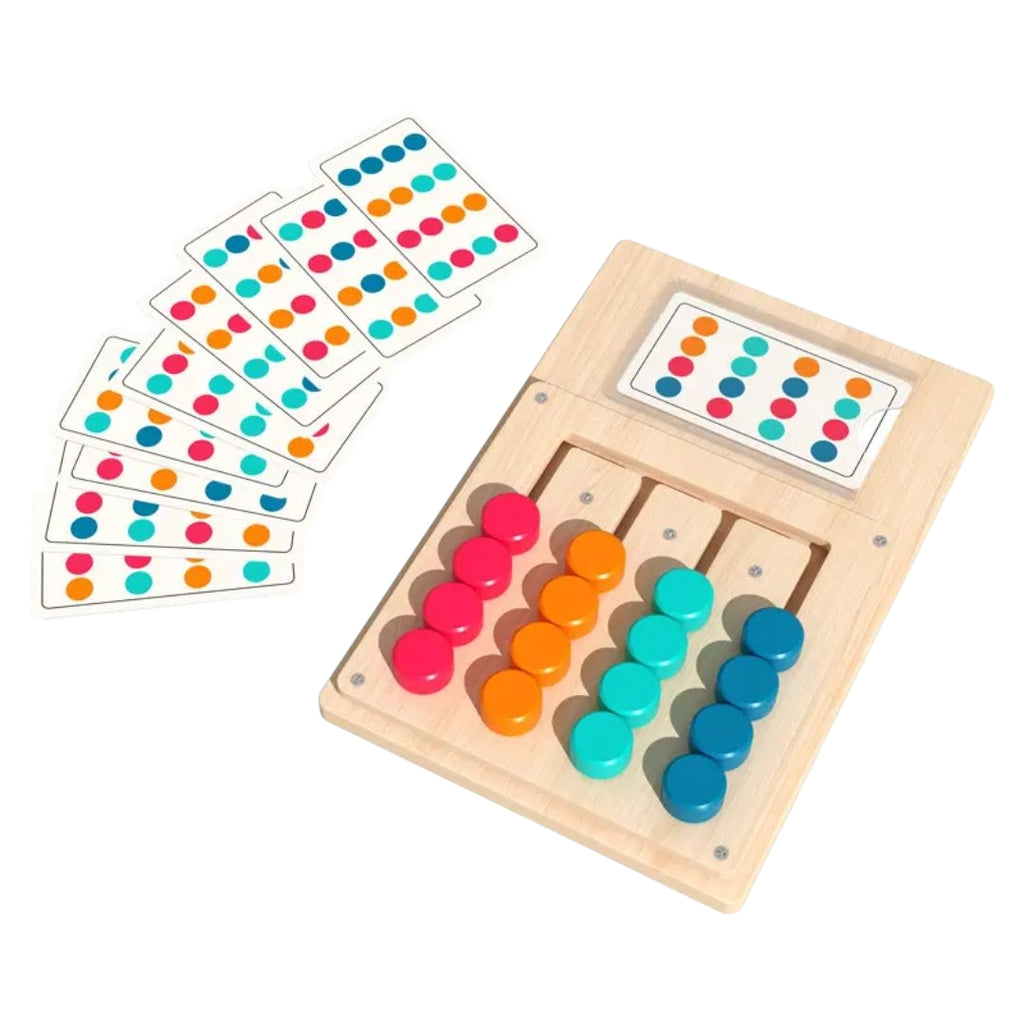 Montessori wooden maze game for children available at Giggly Groves, featuring colorful movable pieces on vertical tracks and vibrant pattern cards designed for educational play and logic training.