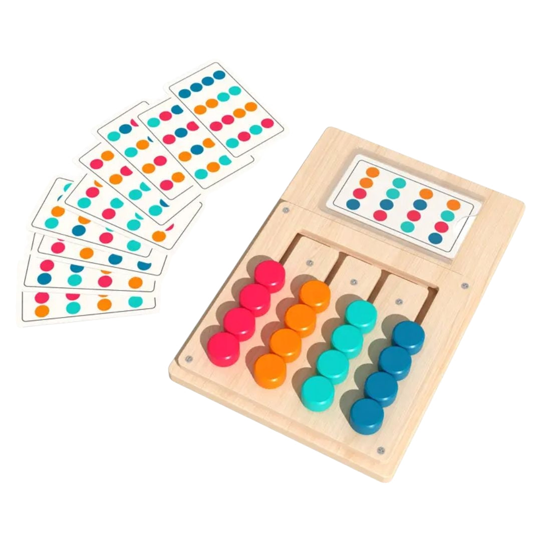 Montessori wooden maze game for children available at Giggly Groves, featuring colorful movable pieces on vertical tracks and vibrant pattern cards designed for educational play and logic training.