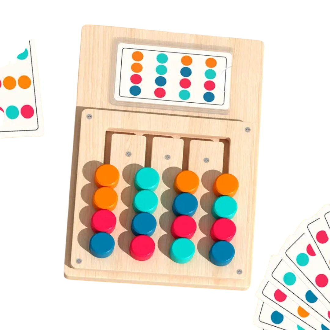 Montessori wooden maze game for children available at Giggly Groves, featuring colorful movable pieces on vertical tracks and vibrant pattern cards designed for educational play and logic training.