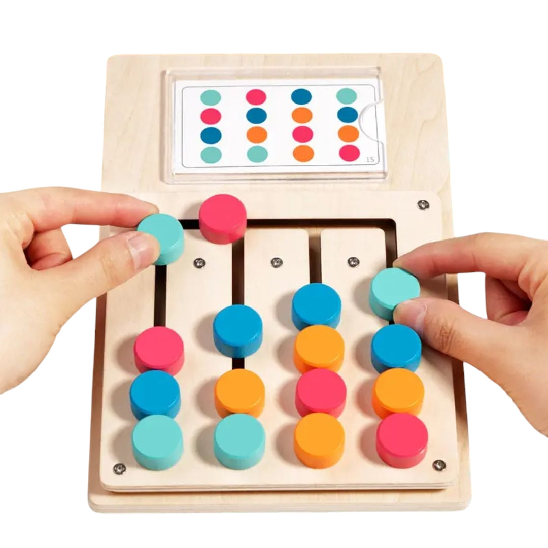 Montessori wooden maze game for children available at Giggly Groves, featuring colorful movable pieces on vertical tracks and vibrant pattern cards designed for educational play and logic training.