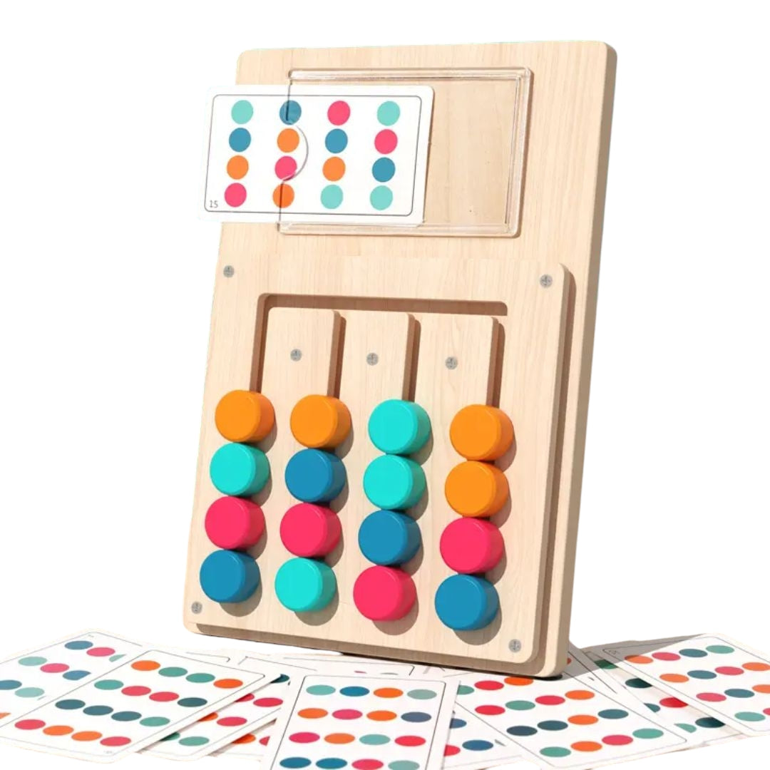 Montessori wooden maze game for children available at Giggly Groves, featuring colorful movable pieces on vertical tracks and vibrant pattern cards designed for educational play and logic training.