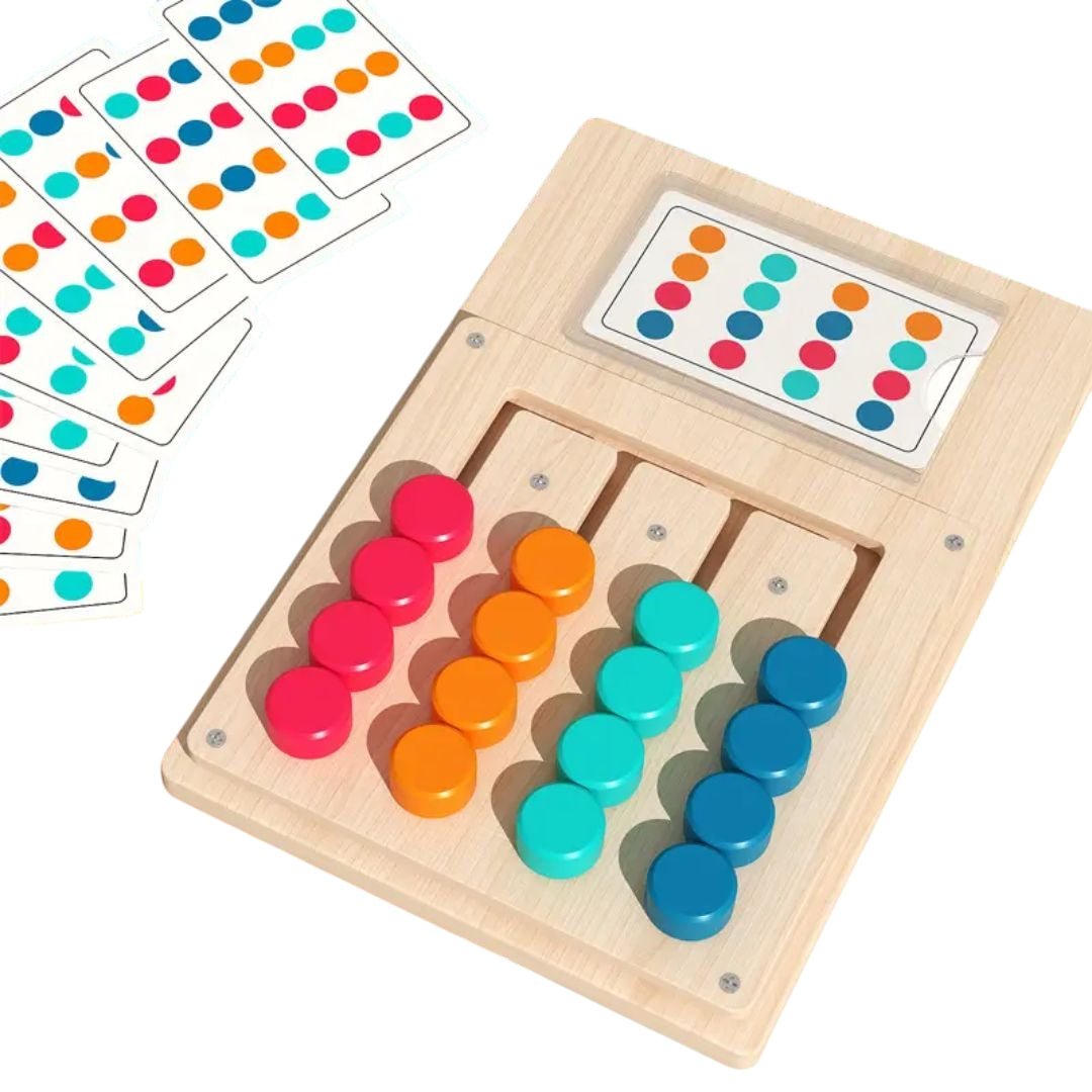Montessori wooden maze game for children available at Giggly Groves, featuring colorful movable pieces on vertical tracks and vibrant pattern cards designed for educational play and logic training.
