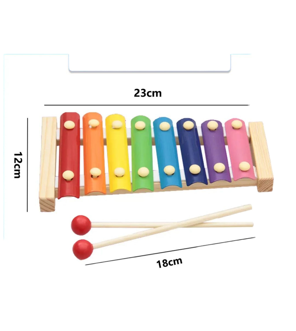 Eco-friendly wooden xylophone toy available at Giggly Groves Toy Store, featuring eight vibrant metal bars in rainbow colors, mounted on a sustainable wooden frame. Includes two wooden mallets with red rubber tips, perfect for kids to explore music and develop auditory skills.