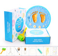 A vibrant set of baby hand and foot print mud or clay kits, designed for newborns, displayed with colorful plaques and decorative elements. Perfect for creating lasting keepsakes, this product is available exclusively on Giggly Groves Toy Website.