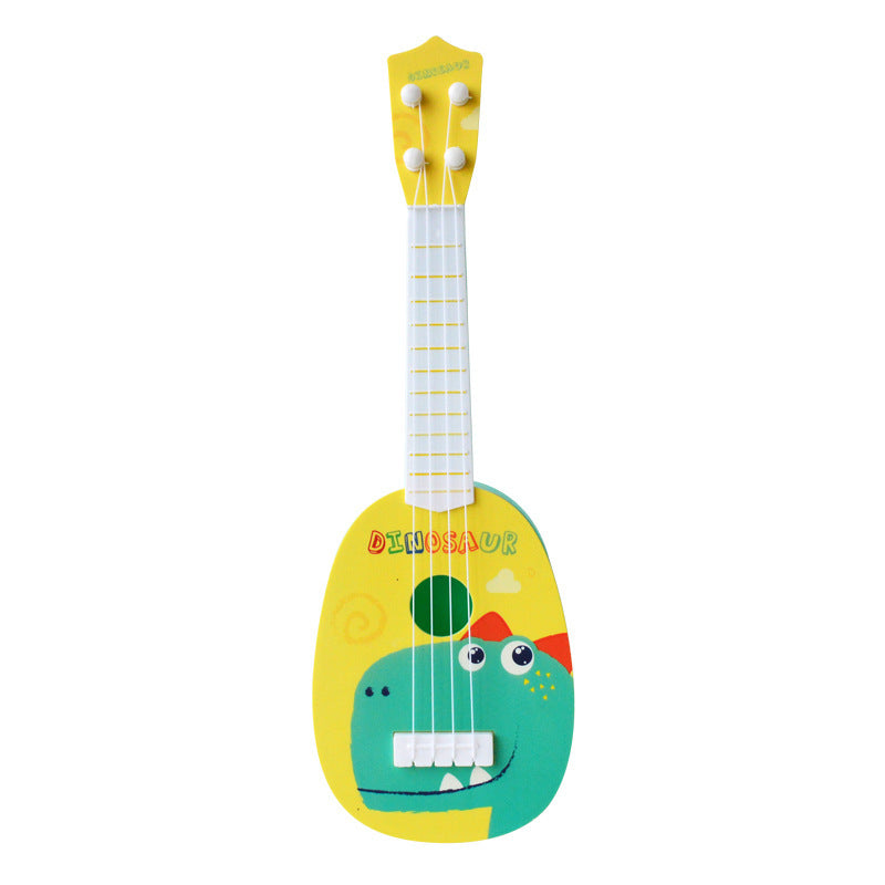 Colorful kids' toy guitars featuring fun designs—space, dinosaurs, zebra, and rabbit themes. Mini ukulele-style musical instrument for toddlers, boys & girls. Educational toy that keeps tones and helps beginners play & learn music effortlessly