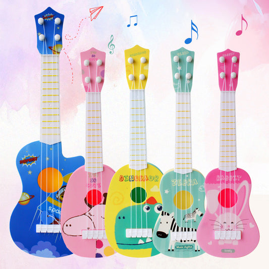 Colorful kids' toy guitars featuring fun designs—space, dinosaurs, zebra, and rabbit themes. Mini ukulele-style musical instrument for toddlers, boys & girls. Educational toy that keeps tones and helps beginners play & learn music effortlessly