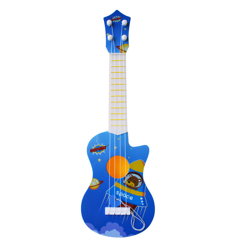 Colorful kids' toy guitars featuring fun designs—space, dinosaurs, zebra, and rabbit themes. Mini ukulele-style musical instrument for toddlers, boys & girls. Educational toy that keeps tones and helps beginners play & learn music effortlessly