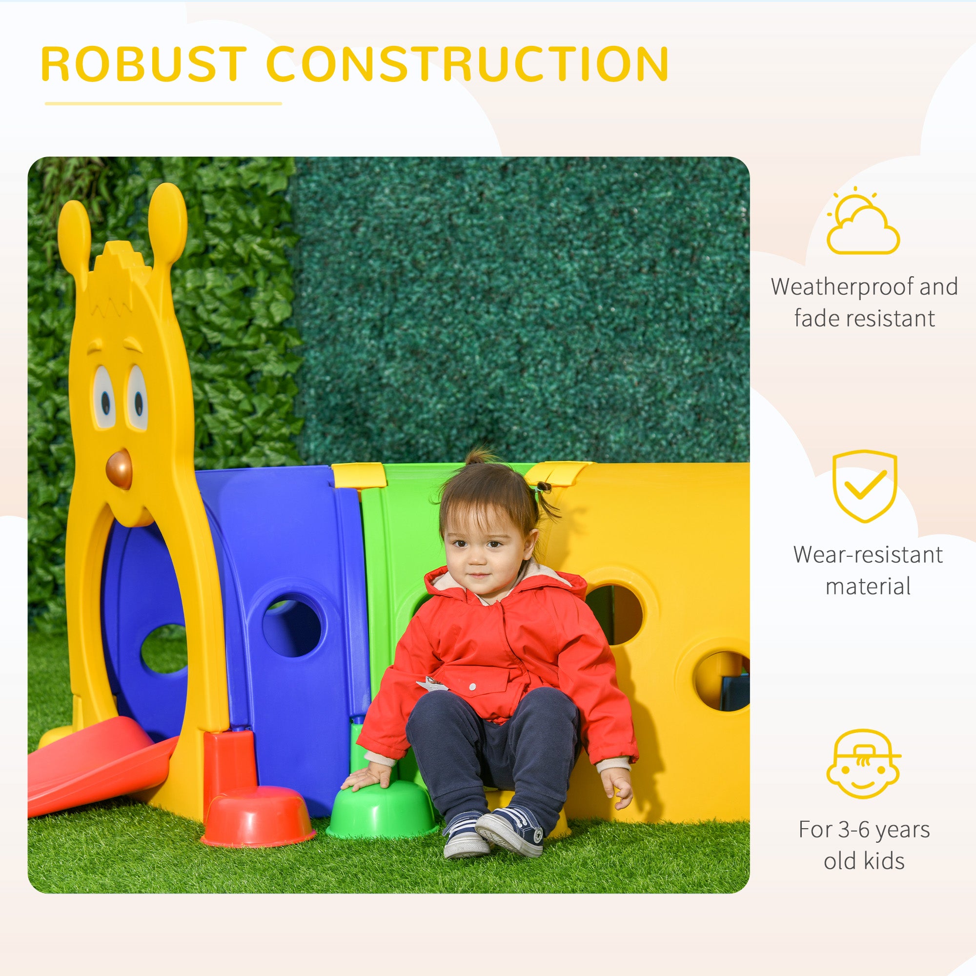 Infographic titled Robust Construction featuring a child playing on the tunnel, highlighting weatherproof, fade-resistant, and wear-resistant material for kids ages 3 to 6.