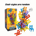 Colorful mini chair balance blocks stacked in creative formations, with a product box showcasing the game and highlighting its versatile stacking possibilities.