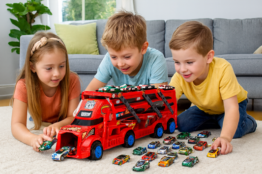Three American children playing with a large red toy transport truck and colorful race cars on a plush rug in a sunlit living room. The truck features flame decals, blue wheels, and a front exit ramp. Available at Giggly Groves.