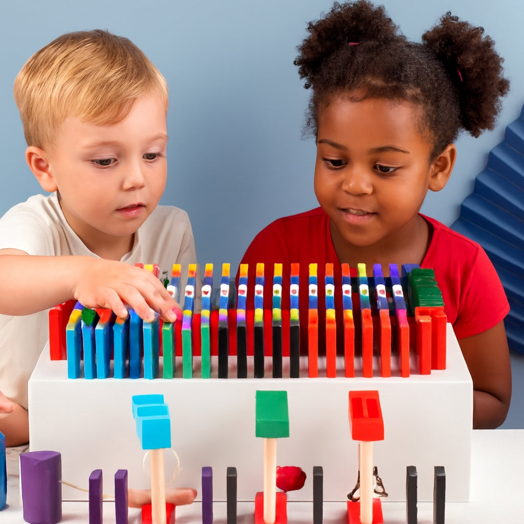 Two American children—a blond boy and a curly-haired girl—play with colorful Giggly Groves Dominos Building Blocks arranged in neat rows on a white platform. Wooden contraptions like levers, swinging balls, and bells add interactive elements to the setup, creating a playful and educational scene indoors.