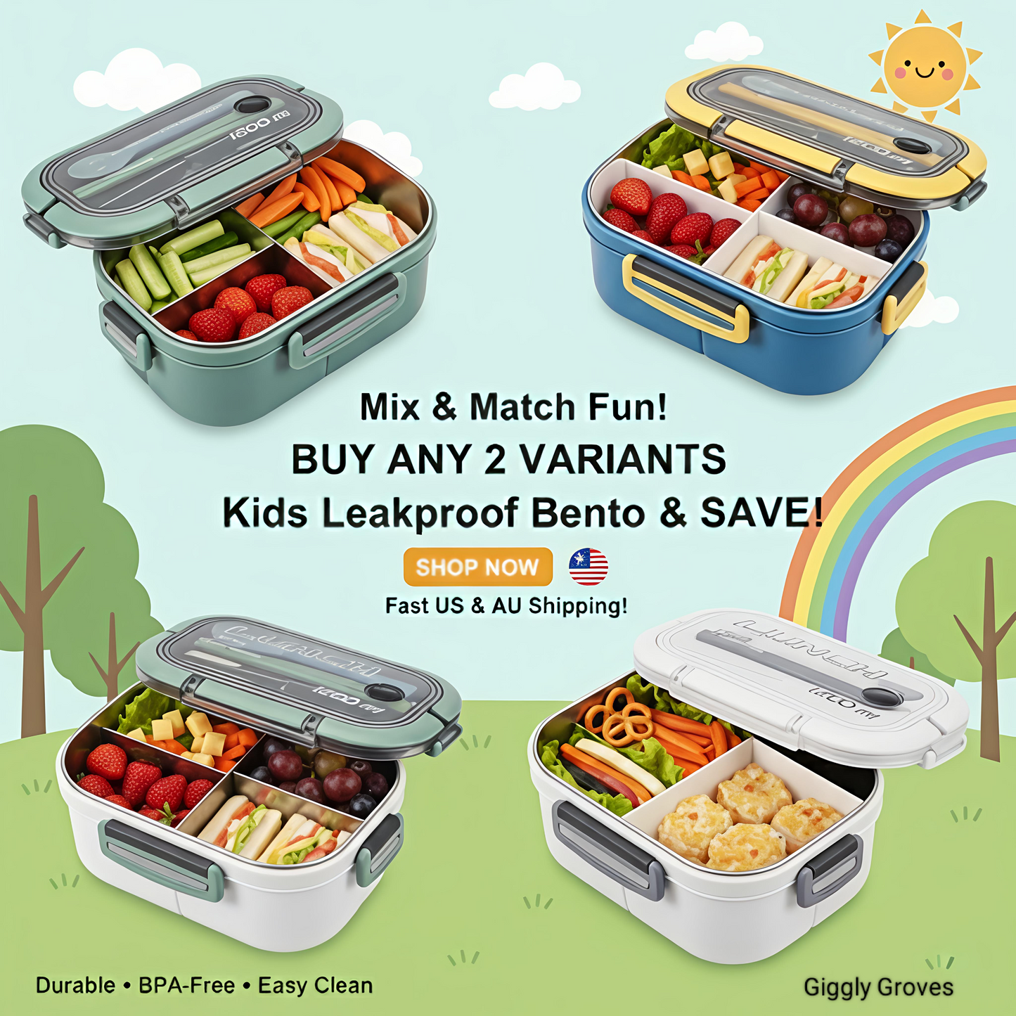 Four colorful kids bento lunch boxes with BPA-free plastic compartments filled with healthy snacks, featuring a 'Buy Any 2' offer for US and Australia shipping.
