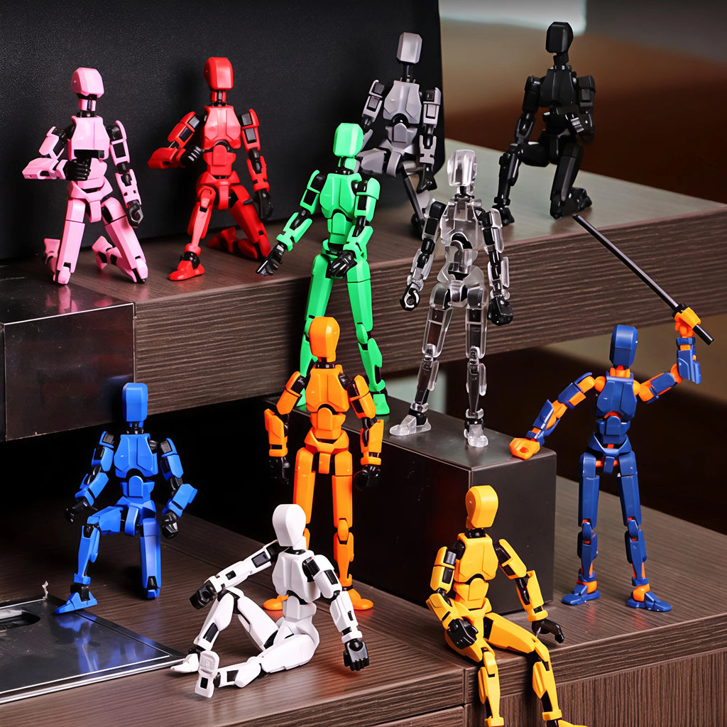 Collection of colorful robot action figures on a wooden surface