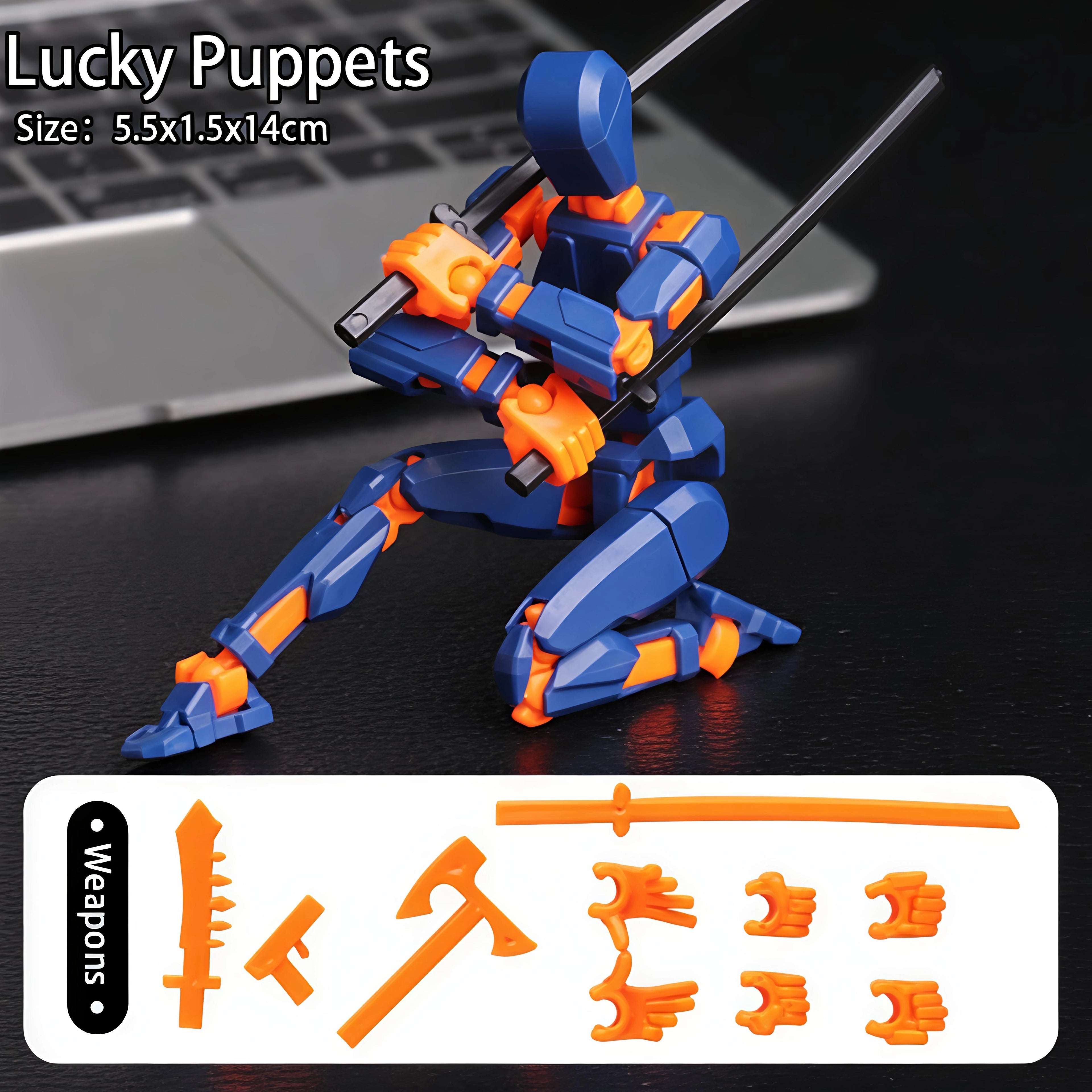 Blue and orange puppet with weapons on a dark surface, labeled 'Lucky Puppets'.