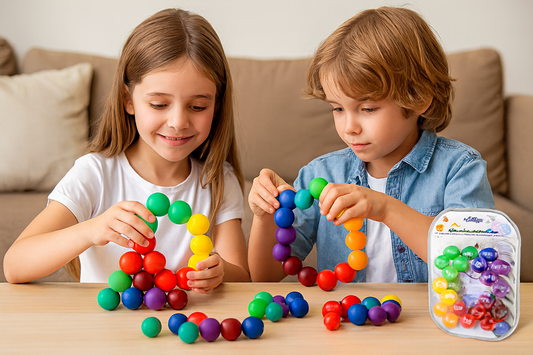 Smart Toy Versatile Beads Decompression set from Giggly Groves—featuring colorful interlocking plastic beads in red, orange, yellow, green, blue, and purple, designed for children aged 3 and above to promote hand-eye coordination, creative thinking, and color recognition.