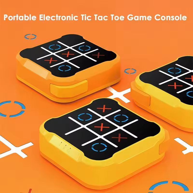 Ultimate Tic-Tac-Toe Showdown: Adult vs. Kid Challenge - A handheld electronic Tic-Tac-Toe game featuring a bright orange casing. The game screen displays a 3x3 grid with white lines, showcasing red X's and blue O's in various positions. The game is shown in two perspectives: a close-up of the game itself and a smaller image of hands holding and playing the game. Available in different colors.