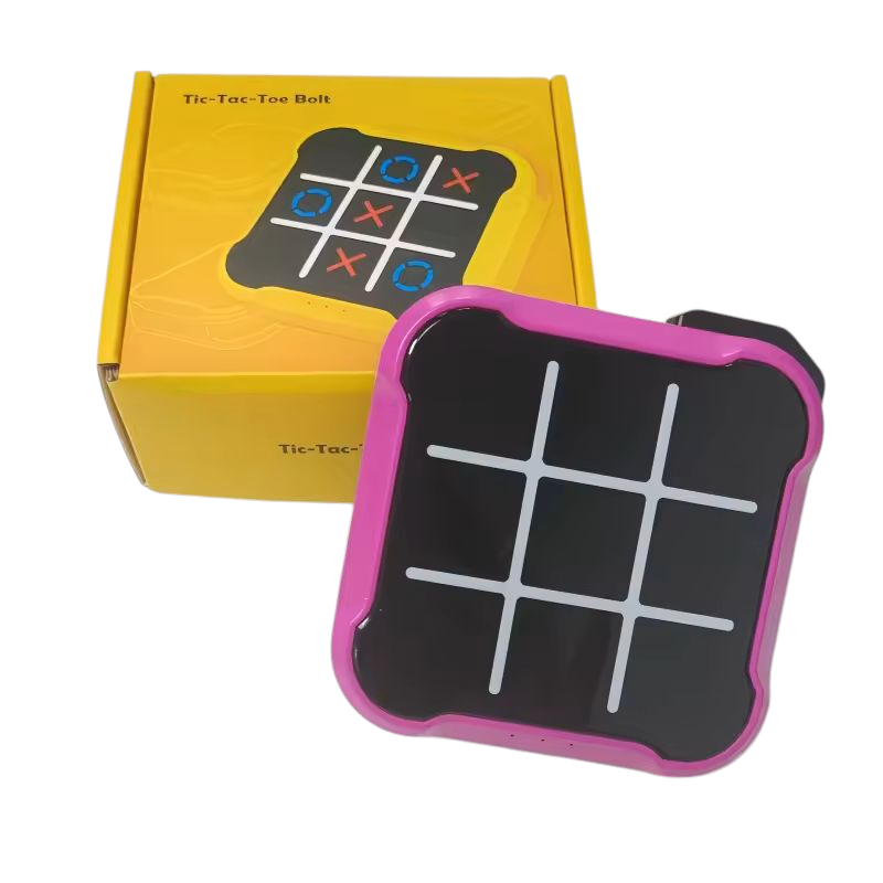 Ultimate Tic-Tac-Toe Showdown: Adult vs. Kid Challenge - A handheld electronic Tic-Tac-Toe game featuring a bright orange casing. The game screen displays a 3x3 grid with white lines, showcasing red X's and blue O's in various positions. The game is shown in two perspectives: a close-up of the game itself and a smaller image of hands holding and playing the game. Available in different colors.