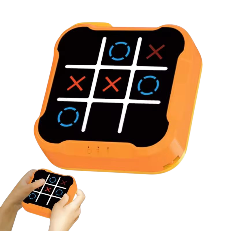 Ultimate Tic-Tac-Toe Showdown: Adult vs. Kid Challenge - A handheld electronic Tic-Tac-Toe game featuring a bright orange casing. The game screen displays a 3x3 grid with white lines, showcasing red X's and blue O's in various positions. The game is shown in two perspectives: a close-up of the game itself and a smaller image of hands holding and playing the game. Available in different colors.
