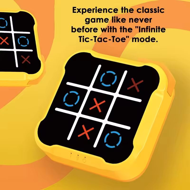 Ultimate Tic-Tac-Toe Showdown: Adult vs. Kid Challenge - A handheld electronic Tic-Tac-Toe game featuring a bright orange casing. The game screen displays a 3x3 grid with white lines, showcasing red X's and blue O's in various positions. The game is shown in two perspectives: a close-up of the game itself and a smaller image of hands holding and playing the game. Available in different colors.