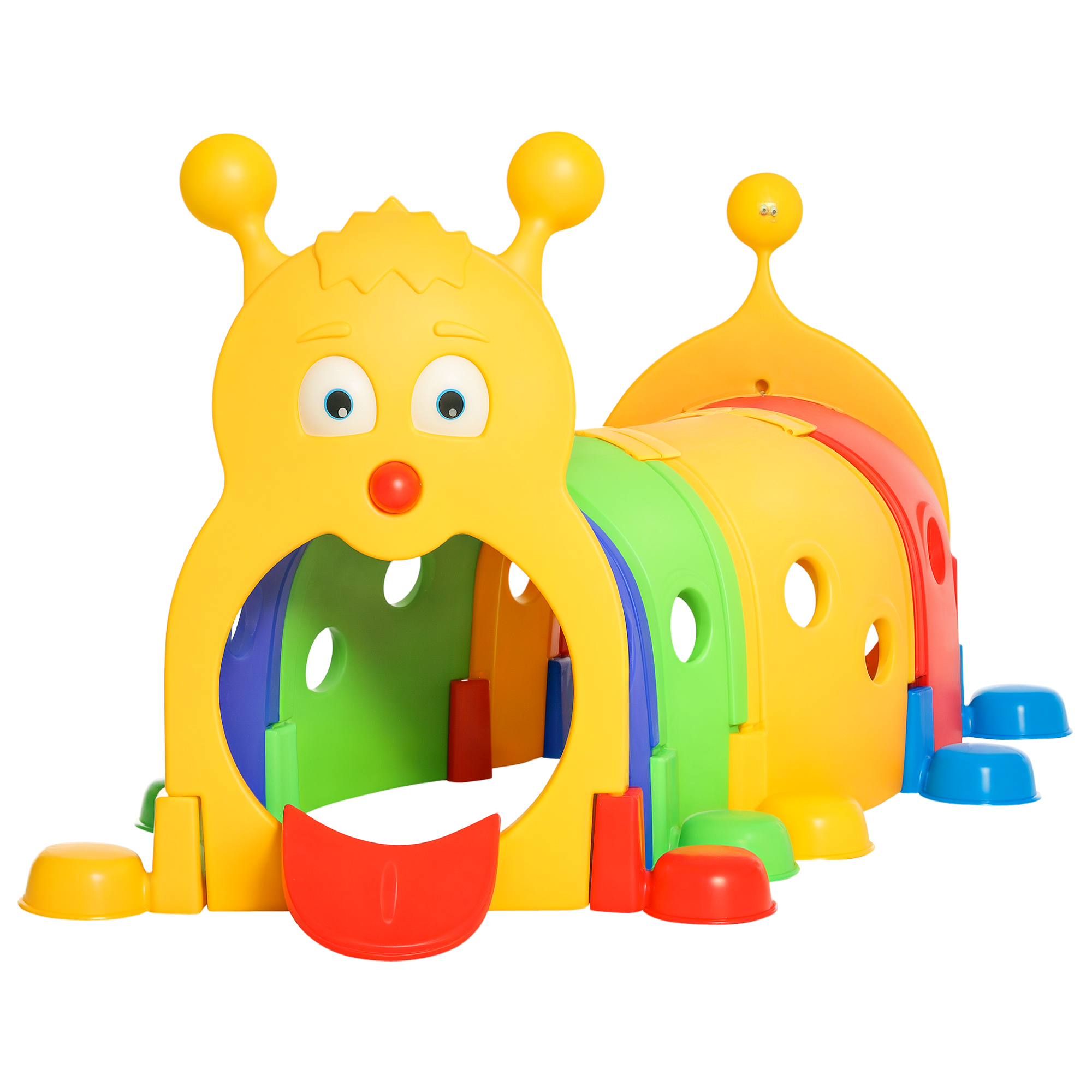 Giggly Groves multicolored caterpillar climbing tunnel for kids with a friendly yellow face, blue and red stability feet, and four colorful crawl-through sections on a white background.