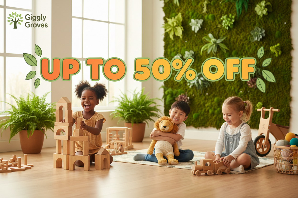 Can you create an image of American kids playing eco friendly toys. I need this image for my website header Image. My website name is Giggly Groves. Please create image according to attract United States and Singapore customers. Place upto 50 percent discount 