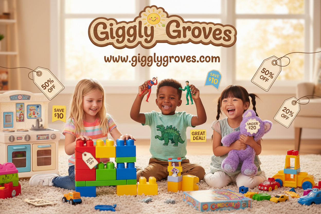 Can you create an image of Famous American kids toys under $50 with discount which are playing by 2or 3 American kids. These toys are available on Giggly Groves. Please place our website name for getting attention of United States Customers.