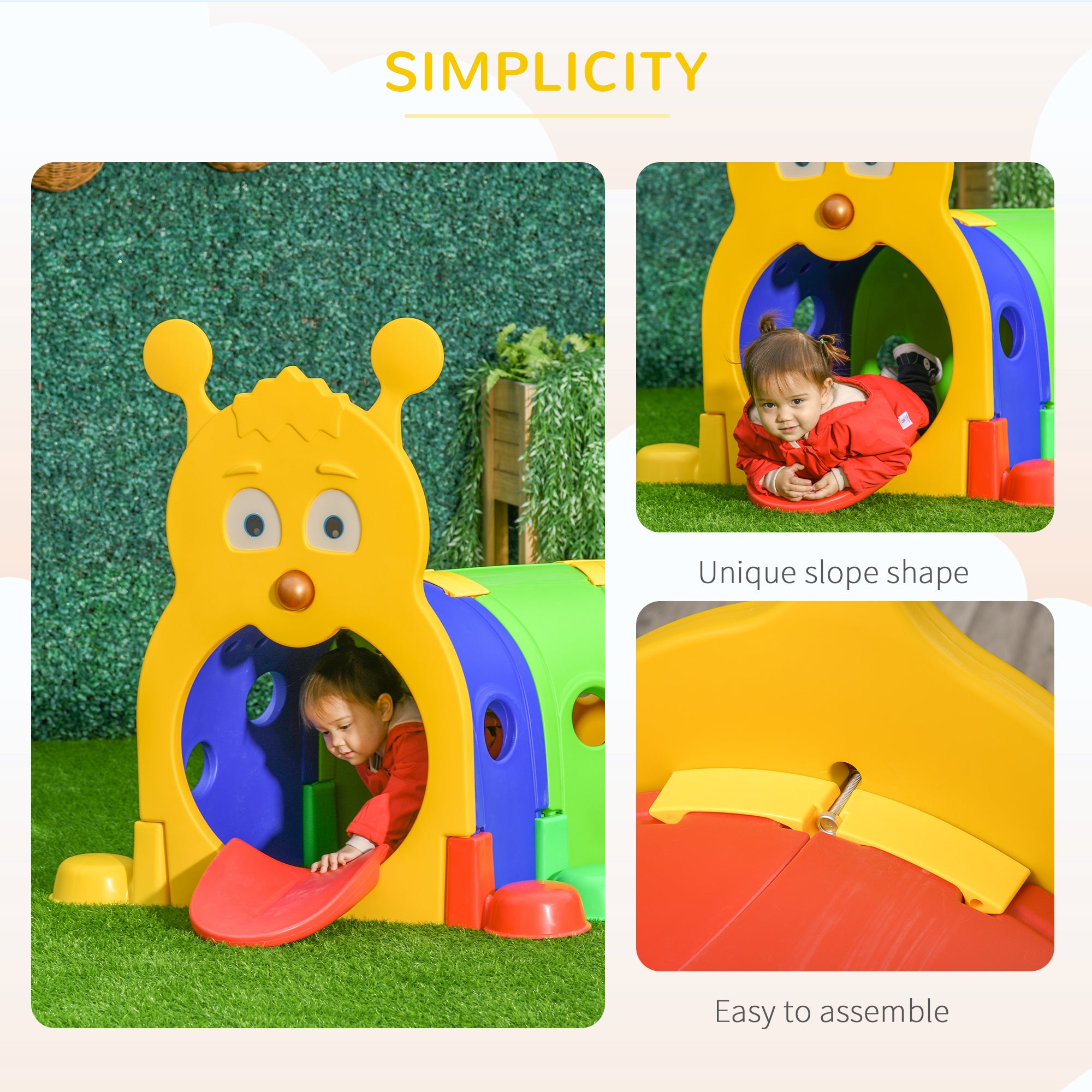 Infographic titled Simplicity showing a child crawling through the caterpillar tunnel, emphasizing the unique slope shape and easy assembly process for parents.