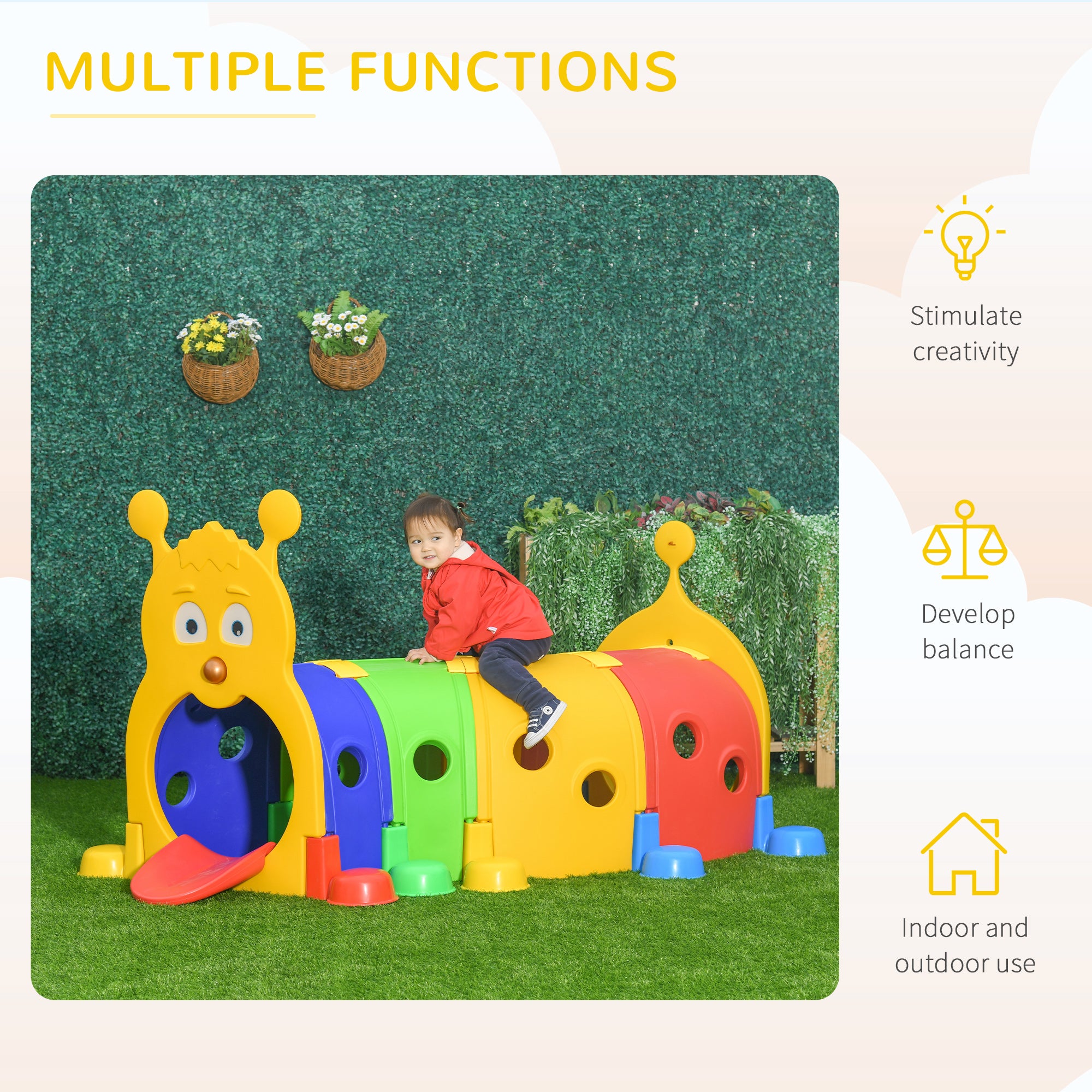 Giggly Groves 5ft Caterpillar Toddler Tunnel – Indoor/Outdoor Multicolored Crawl & Climb Play Structure for Kids – 4-Section Heavy Duty Activity Center
