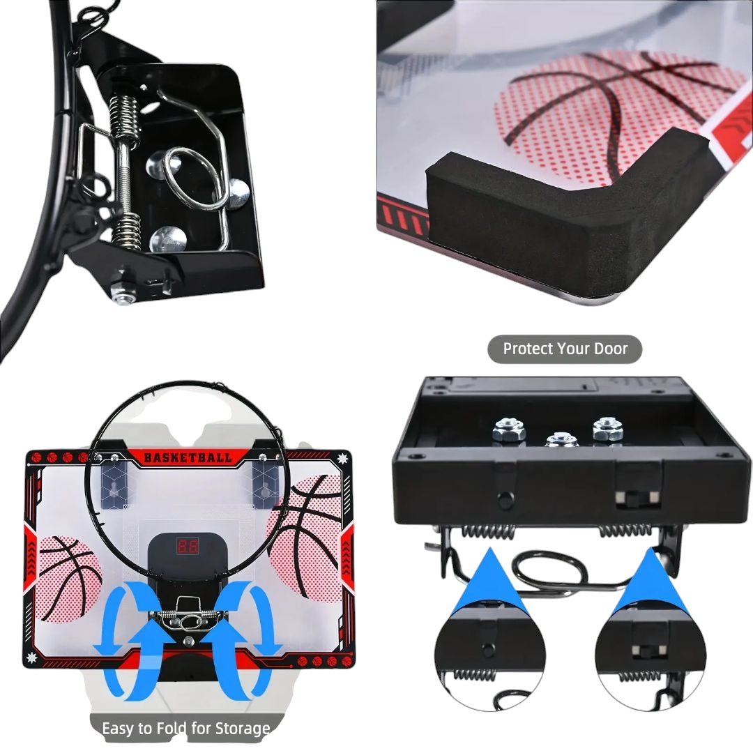 Red light-up scoring basketball hoop set for kids with LED display, pump, and mounting tools – available on Giggly Groves with fast delivery.