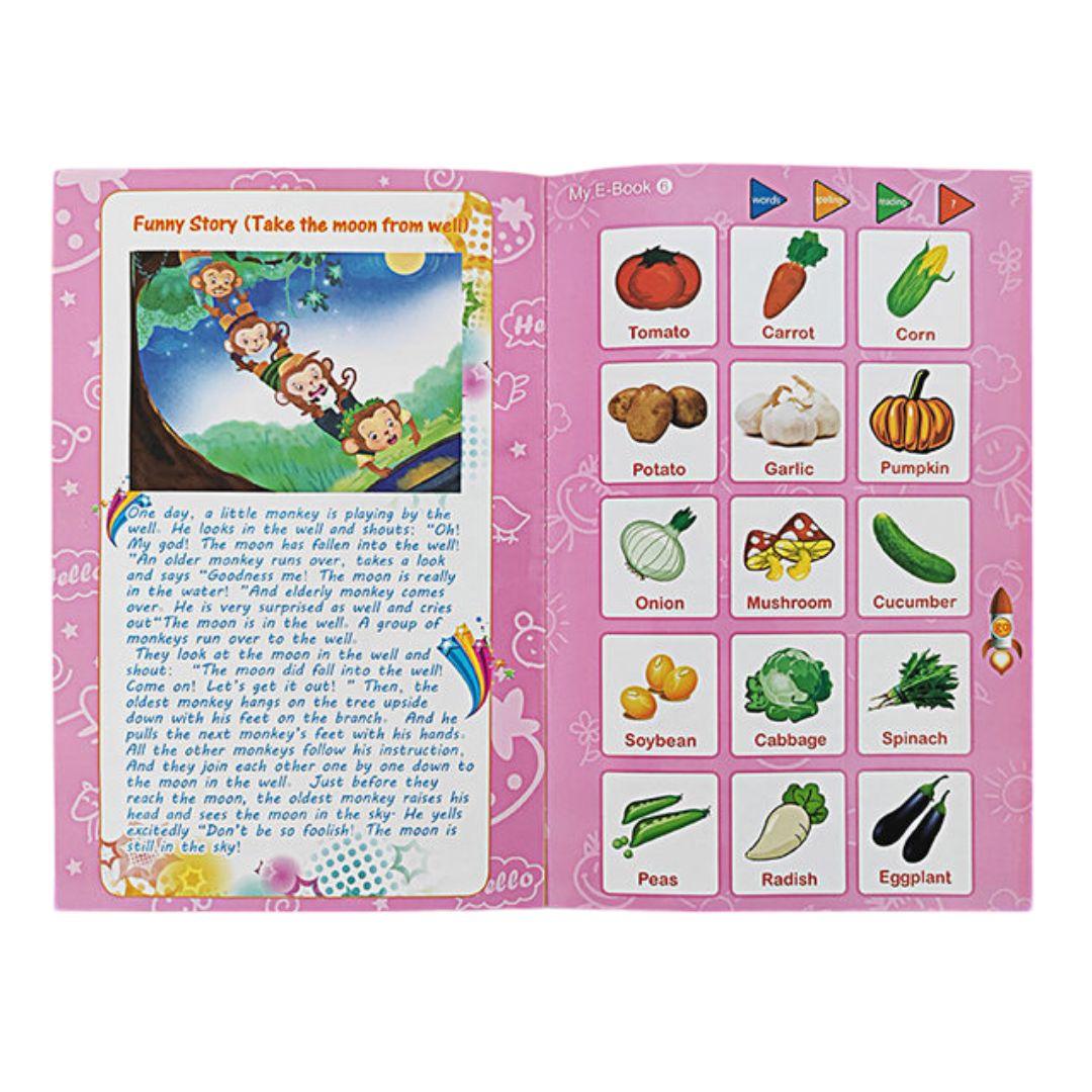 Interactive My English E-Book: Touch & Learn Language Adventure for Kids - Giggly Groves. This vibrant e-book features a colorful cover with smiling children holding hands around a globe, promoting inclusivity and global learning. The interactive touch-and-learn panel enhances the language learning experience, making it perfect for kids aged 3 and above