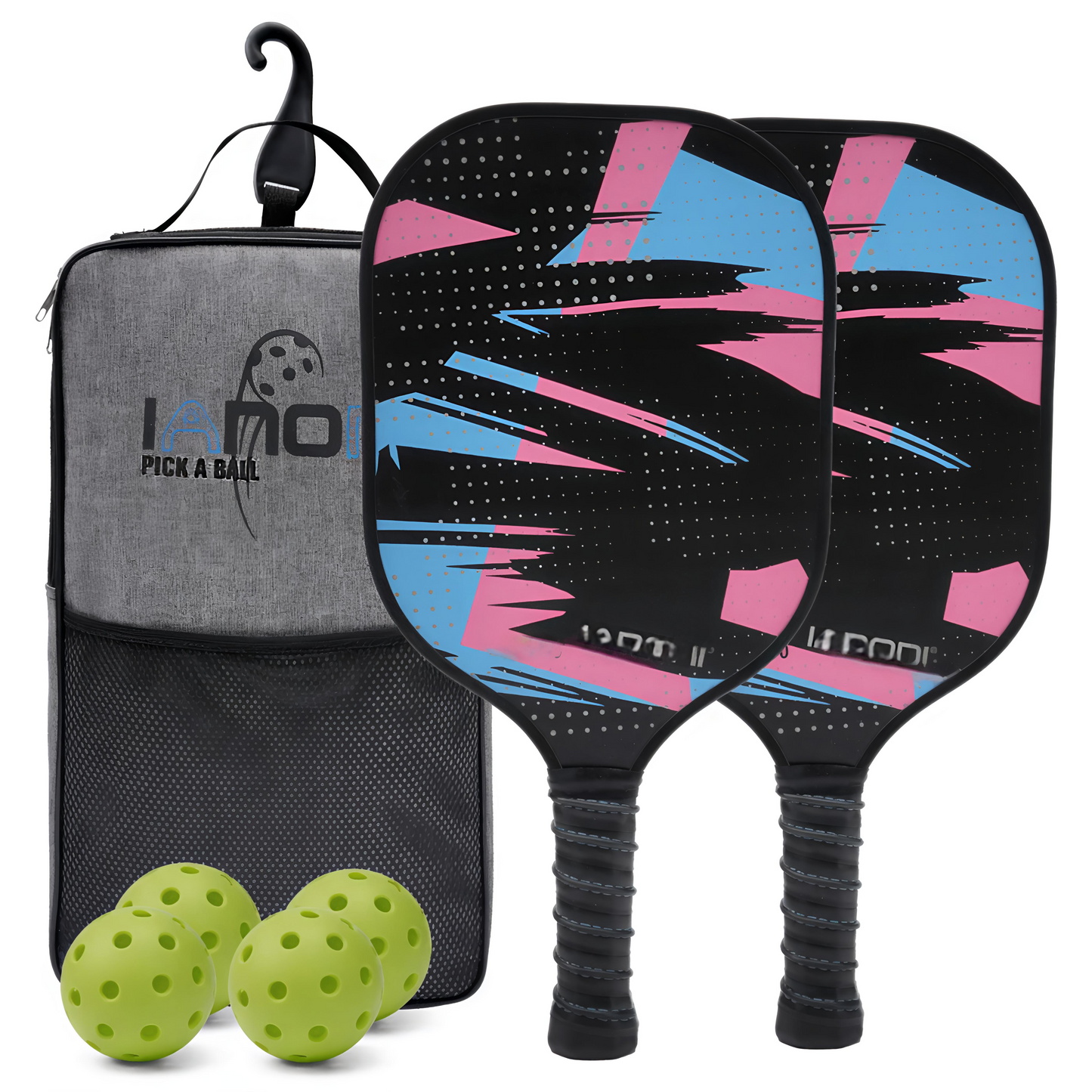 Two pickleball paddles with a gray bag and green balls on a white background