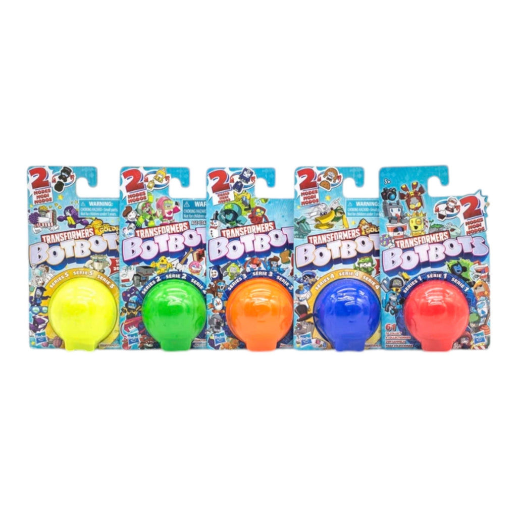 The image shows six Hasbro BOTBOTS Mini Transformers Blind Bags arranged in a star pattern. Each package features a different color (red, blue, green, orange, yellow) and contains a surprise mini transformer toy. The packaging is vibrant and eye-catching, making it an appealing gift for children.