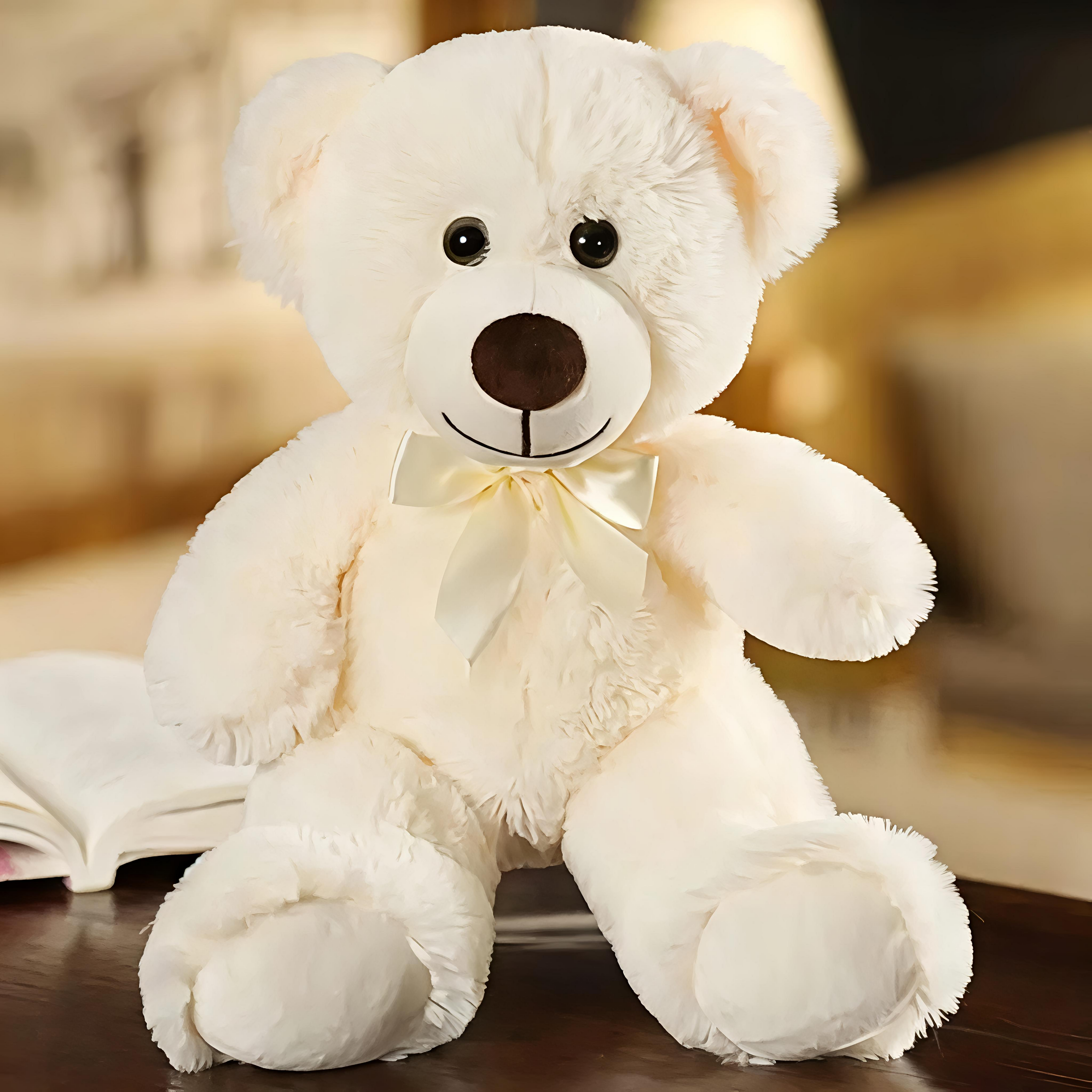 Giggly Groves 14-inch beige super soft teddy bear stuffed animal toy for kids with a shiny gold ribbon.