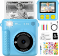 Giggly Groves kids instant print camera in blue featuring 2.5 inch HD screen, 48MP photo resolution, and 16X digital zoom icons.
